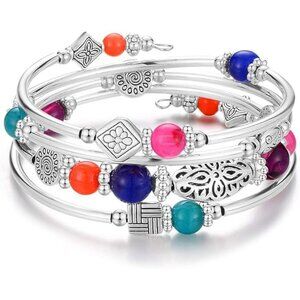 07-Colorful Layered Wrap Bangle Bead Bracelet w/ Agate Stone